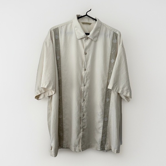 Tommy Bahama Camp Shirt Mens XXL Ivory Embroidered 100 Silk - Picture 1 of 11